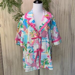 Dress Up Colorful Tropical Lobster Pineapple Print Kimono Pajama Top Small NWOT